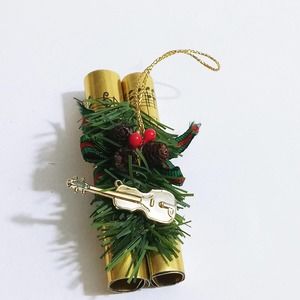 Vtg Christmas Music Sheet & Violin Ornament Ferns Holiday Musical Decoration (z)
